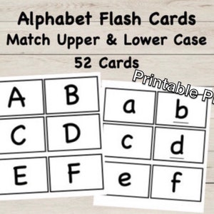 Cartões flash do alfabeto preto e branco, letras maiúsculas e minúsculas, 52 cartões - download digital de PDF