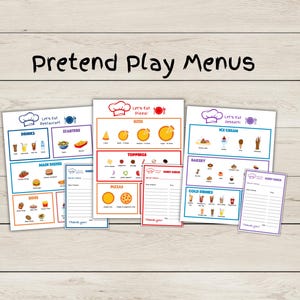 Menús de juego de simulación: incluye cheque para tomar pedidos de invitados: menú de restaurante, menú de pizza y menú de postres: descarga instantánea en PDF