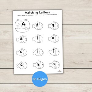 Hojas de trabajo para unir letras - Peces - Emparejar letras mayúsculas con minúsculas - Hojas de trabajo imprimibles del alfabeto - Reconocimiento de letras