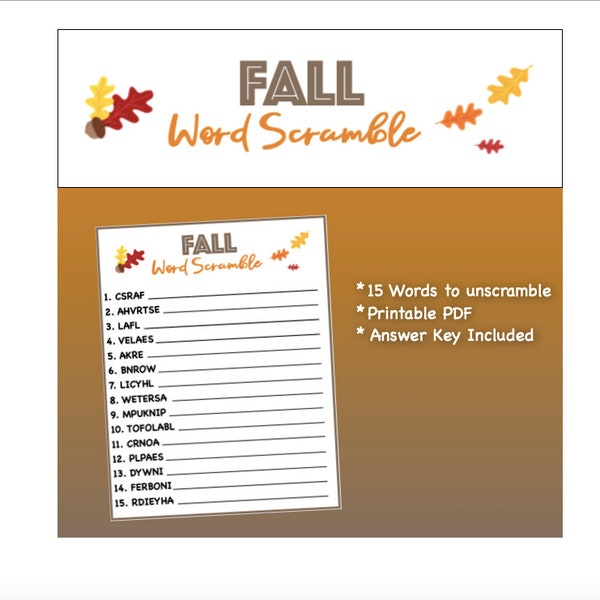 Fall Word Scramble - 15 Words to Unscramble Printable PDF - Party Game, Classroom Game, Road Trip Game, Printable Game - Answer Key Included