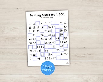Hoja de trabajo de números: Completa los números que faltan - Contar hasta 100 - Descarga instantánea