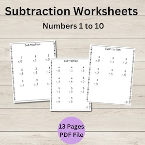 Subtraction Worksheets - Numbers 1 to 10 -  Printable Math Worksheets - Instant Download