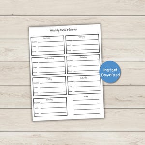 Puede incluir: Un planificador de comidas semanal blanco con texto y líneas negras. El planificador está dividido en secciones para cada día de la semana, con espacios para el desayuno, el almuerzo y la cena. Un círculo azul con las palabras "Descarga instantánea" está en la imagen.