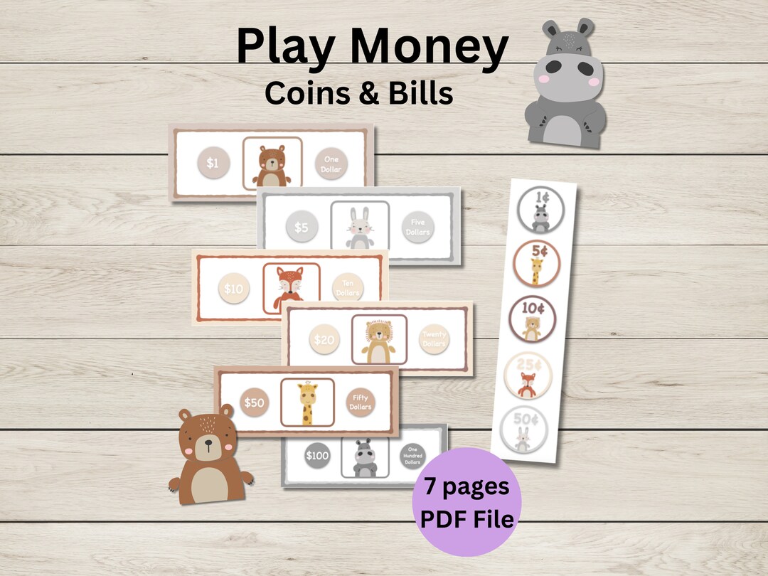 Kids Pretend Money Printable Bills and Coins Animal Play Money - Etsy