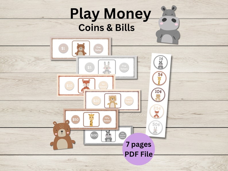 Kids Pretend Money Printable Bills and Coins Animal Play Money - Etsy