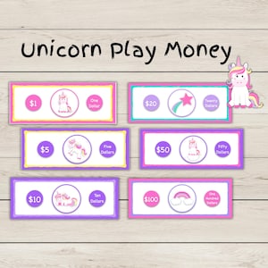 Play Money - Unicorn Theme - Printable PDF File - Pretend Play Money