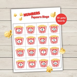 Numbers Bingo - 30 verschillende speelborden - Popcorn - Cijfers 1 t/m 20 - Inclusief belkaarten en spelbordmarkeringen - Direct downloaden