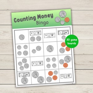Bingo argent - Compter des pièces et des billets - 30 plateaux de jeu différents - Cartes de visite et marqueurs de plateau de jeu inclus - Bingo argent imprimable
