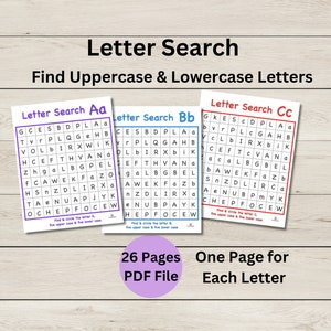 Búsqueda de letras - Encuentra letras mayúsculas y minúsculas - Búsqueda de letras del alfabeto - Descarga instantánea - Una página para cada letra