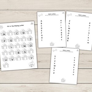 Hojas de trabajo del alfabeto: Emparejar letras, completar las letras que faltan, temática de perros, imprimibles, hojas de trabajo de reconocimiento de letras