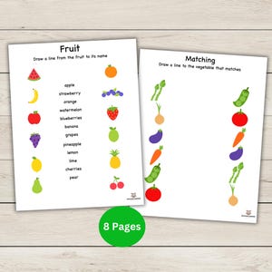 May include: Two printable worksheets for kids to learn about fruits and vegetables. The first worksheet has a list of fruits with their names and pictures of the fruits. The second worksheet has pictures of vegetables and fruits and asks the child to draw a line to match the correct vegetable.
