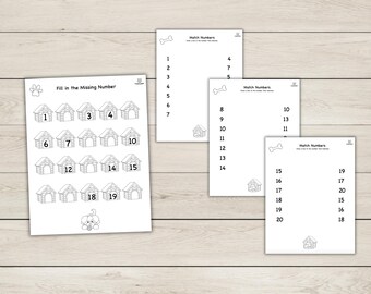 Number Worksheets - Matching - Number Recognition - Fill in Missing Numbers - Dog Theme