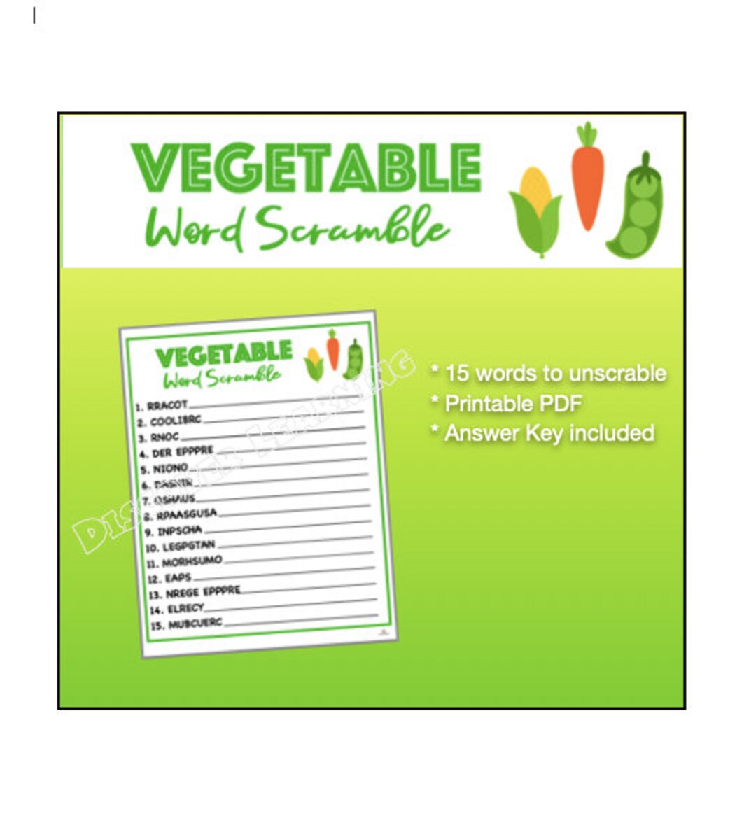 Vegetable Word Scramble 15 Vegetables to Unscrambleclassroom Game, Homeschool Game, Road Trip