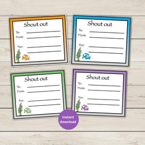 Shout Out Cards - Fish - Teacher Shout Out Cards PDF File - Encouragement Cards -  Compliment Cards