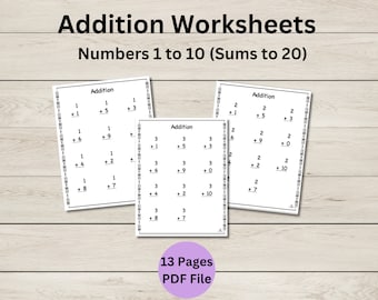 Schede di addizione - Numeri da 1 a 10 - Somme fino a 20 - Download immediato