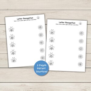 Hojas de trabajo de reconocimiento de letras: combina letras mayúsculas y minúsculas - Abejas y flores - Descarga instantánea