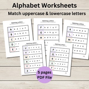 Hojas de trabajo del alfabeto: combina letras mayúsculas y minúsculas - Reconocimiento de letras - Hojas de trabajo imprimibles - Descarga instantánea