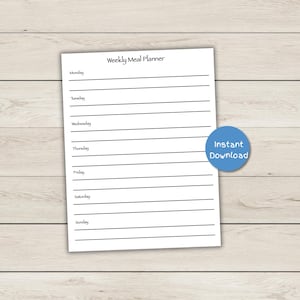 Planificador de comidas semanal minimalista: secciones diarias y notas (PDF de descarga instantánea)