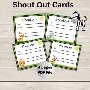 Shout Out Cards - Jungle Animals - Teacher Shout Out Cards PDF File - Encouragement Cards -  Compliment Cards