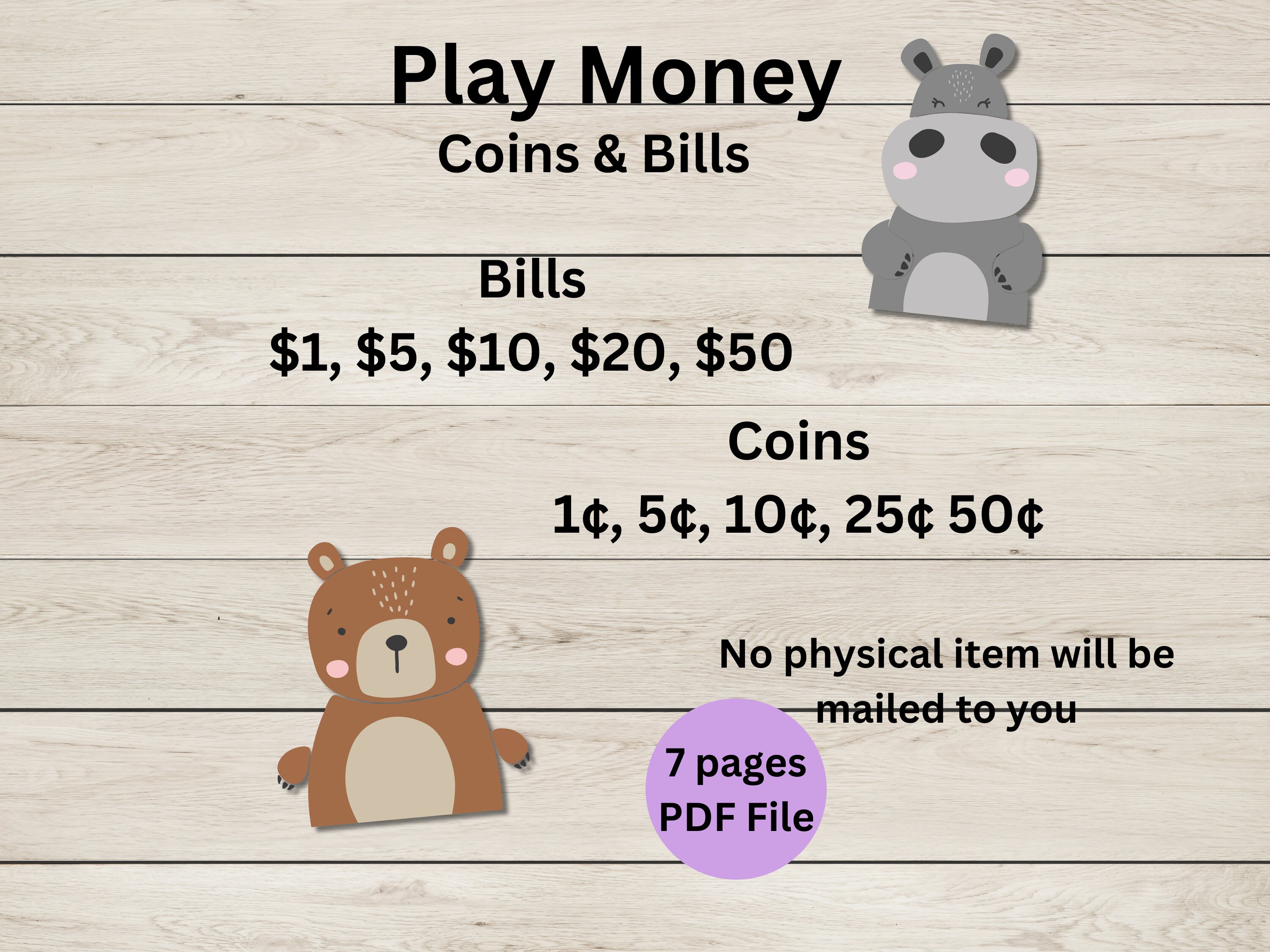 Kids Pretend Money Printable Bills and Coins Animal Play Money - Etsy