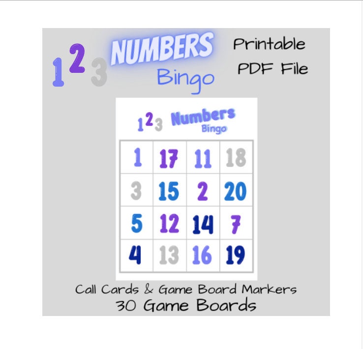 numbers bingo numbers 1 to 20 printable pdf file 30 etsy