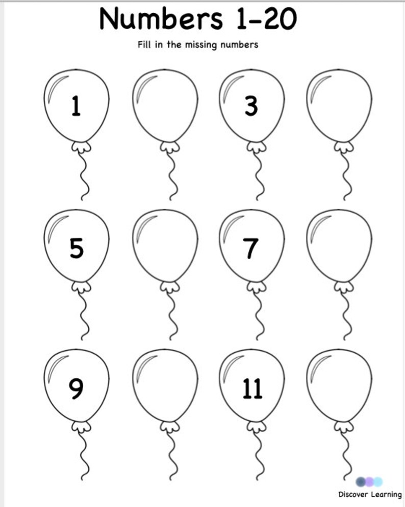 numbers 1 to 20 worksheets fill in missing numbers etsy