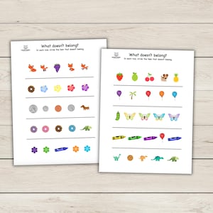 May include: Two worksheets titled "What doesn't belong?" featuring rows of colourful images, including fruits, flowers, and animals. The worksheets are designed for educational activities, suitable for children.