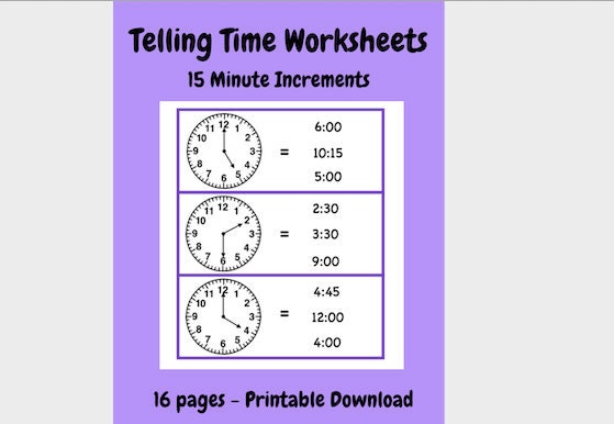 telling time worksheets 15 minute increments printable etsy