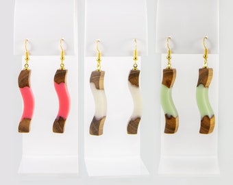 Long earrings Wood resin earrings Crooked earrings Wooden earrings