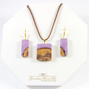 Pendant and Earrings Wood resin jewelry set Wooden pendant Wooden earrings Purple jewelry set