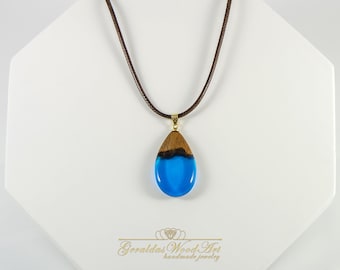 Pendant blue Wood resin pendant Wood necklace Wooden pendant