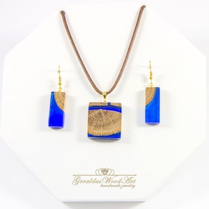 Pendant and Earrings Wood resin jewelry set Wooden pendant Wooden earrings Blue jewelry set
