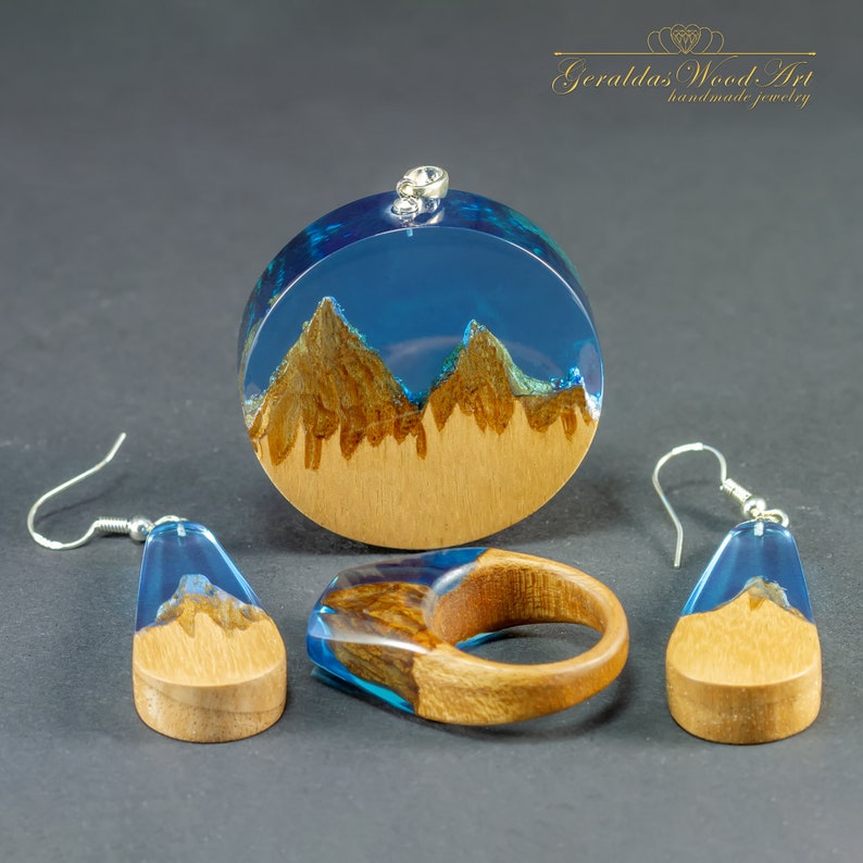 Wooden Jewelry Set Pendant Ring Earrings Wood Resin Necklace Wooden