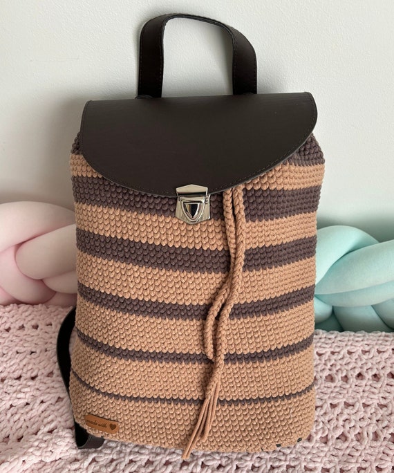 Handmade Crochet Brown & Tan Women’s Backpack Summer Handmade Woven Crochet Straw Backpack Flap Drawstring  main image 3