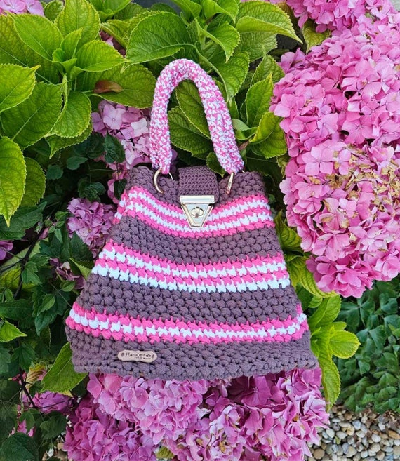 Handcrafted Crochet Striped Bag - Brown and pink Handmade Pink & Brown Crochet Handbag - Etsy main image 4