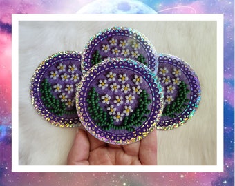 Beaded Yarrow Sticker Glitter Stickers Weather Resistant Water Resistant Sturdy Floral Leaves Beadwork Leaf Flower Purple White Flower