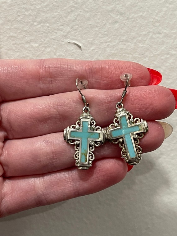 Silver and Turquoise Cross Earrings