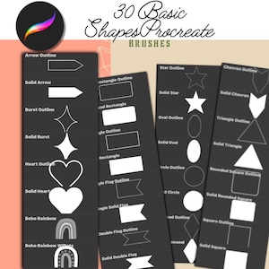 Puede incluir: Un conjunto de 30 pinceles de Procreate para crear formas básicas, incluyendo flechas, estrellas, corazones, círculos, cuadrados y más. Los pinceles están organizados en dos categorías: contorno y sólido.