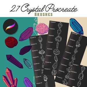 May include: A set of 27 Procreate brushes for creating crystal designs. The brushes are shown in a variety of colors and styles, including red, purple, blue, and white. The brushes are labeled with numbers 1 through 27.