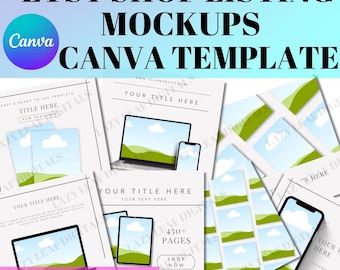 Pode incluir: Modelo Canva editável para listagens de lojas Etsy com maquetes de um laptop, um telefone e cartões de mídia social. O modelo inclui um título, caixas de texto e uma chamada para ação para comprar agora. O modelo está disponível em mais de 450 páginas.