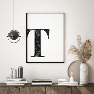 Hoofdletter T Afdrukbare kunst, Woodblock, Zwart en Wit, Moderne Kunst Poster, Digitaal, Scandinavisch, Minimalistisch, Abstract, Eigentijds
