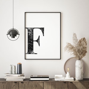 Hoofdletter F Printable Art, Woodblock, Zwart en Wit, Moderne Kunst Poster, Digitaal, Scandinavisch, Minimalistisch, Abstract, Eigentijds
