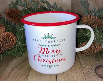 ROBERT STANLEY Camping Tin Metal Coffee Mug Enameled Merry Little Christmas