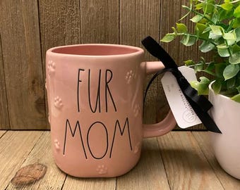 Pink Rae Dunn “Fur Mom” Mug – 20 oz Ceramic Coffee Cup with Embossed Paw Prints