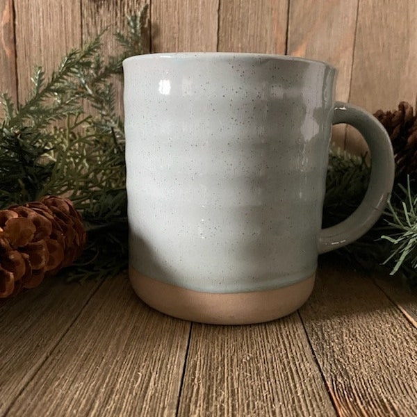 Light Teal Ribbed Speckled Stoneware Mug With Clay Bottom