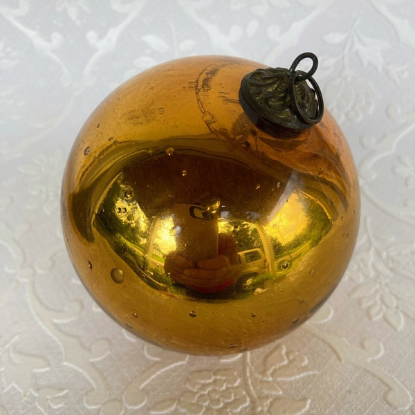 Antique Gold Kugel German glass Christmas ornament bulb heavy with bubbles bronze cap and loop