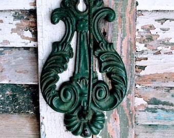 Antique wall mount hook cast iron note holder chippy green paint