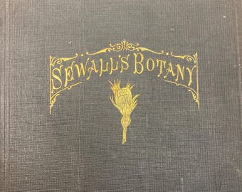 Op de afbeelding: Close-up van een boekomslag met de titel "Sewall's Botany" in gouden letters. De omslag is donkerblauw met een textuurpatroon. Een gouden botanische illustratie is gecentreerd onder de titel.