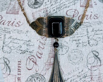Vintage Pididdly links Art Nouveau style necklace chocker brass black onyx stone gothic jewelry