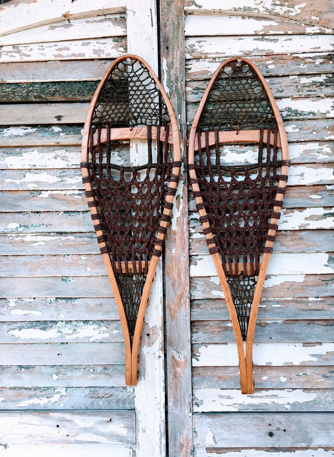 Vintage Snowshoes Oak Ash Rawhide Primitive Rustic Cabin Decor Etsy